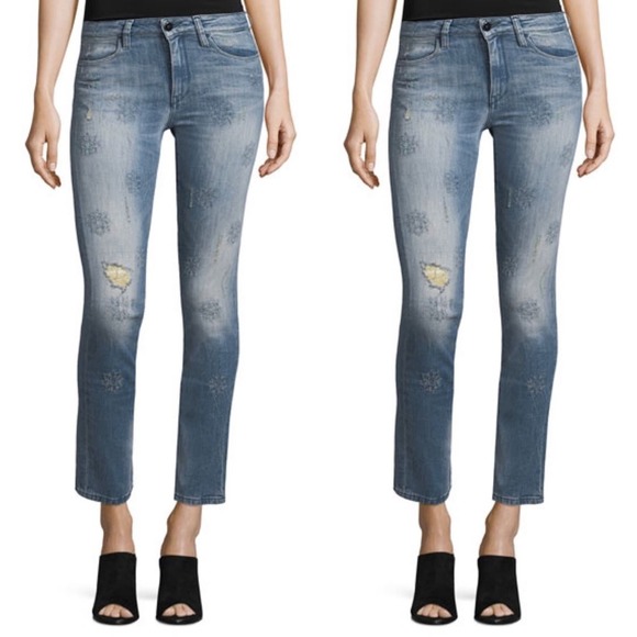 Brockenbow Lily Slim Straight-Leg Floral Embroidery Cropped Jeans Size 32 - Picture 1 of 10